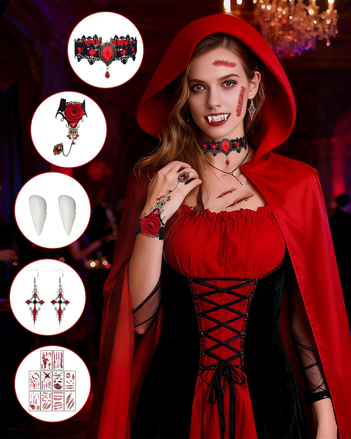 TOLOYE Costumi da vampiro da donna, costume da vampiro di Halloween, abito gotico vintage con mantello sanguigno e collana in pizzo, zanne succhiatori di sangue, vestito da vampiro adatto per cosplay