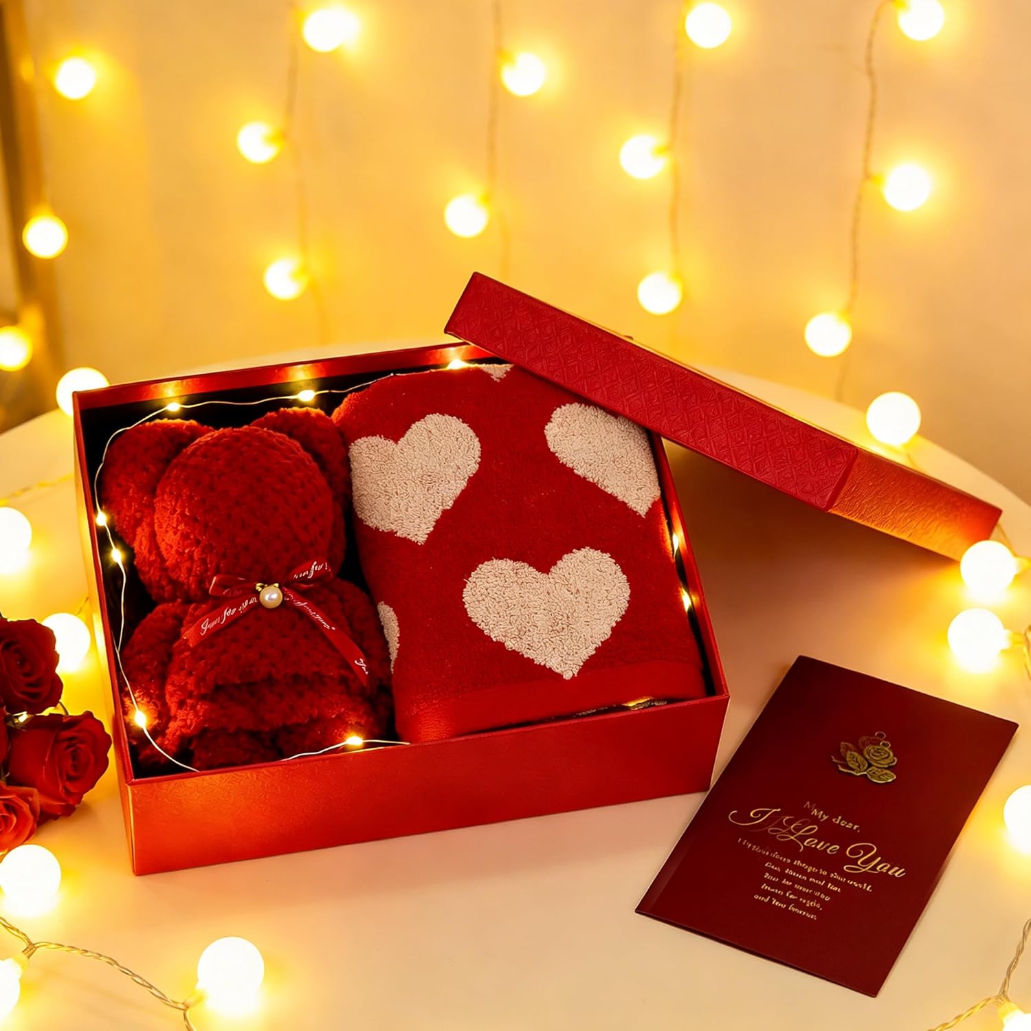 Birthday Red Heart Hand Towels, Gift Card and Box Included, Heart Love Hand Towels for Bath Bathroom Kitchen Dish, for Wife Mother Grandmother Girlfriend(1 Towel+1 Bear)