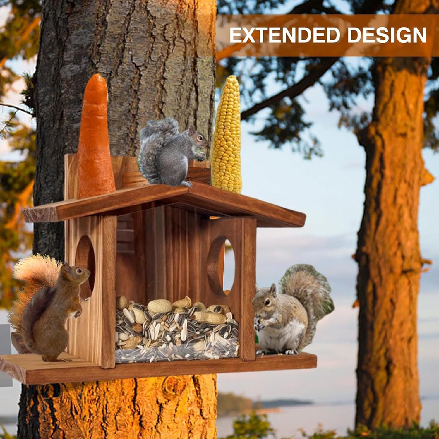 Wooden Squirrel Feeder for The Garden, Chipmunk Picnic Table Feeder with Corn Cob Holder for Outside Funny Squrrill Nuts Bar, Durable Wooden Chipmunk House Box for Corn Wooden Color