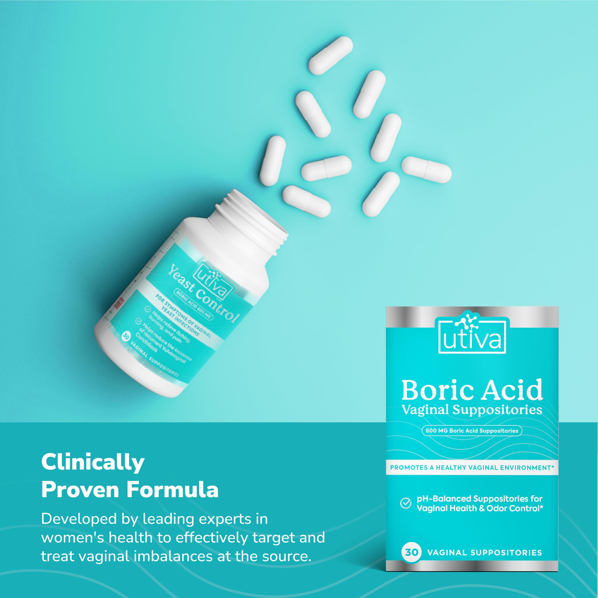 Szio+ Utiva Boric Acid Suppositories for Women - pH Balance - Feminine Care - 600mg Boric Acid to Lower pH and Support Vaginal Health, BV Treatment for Women, 30 Vaginal Suppositories