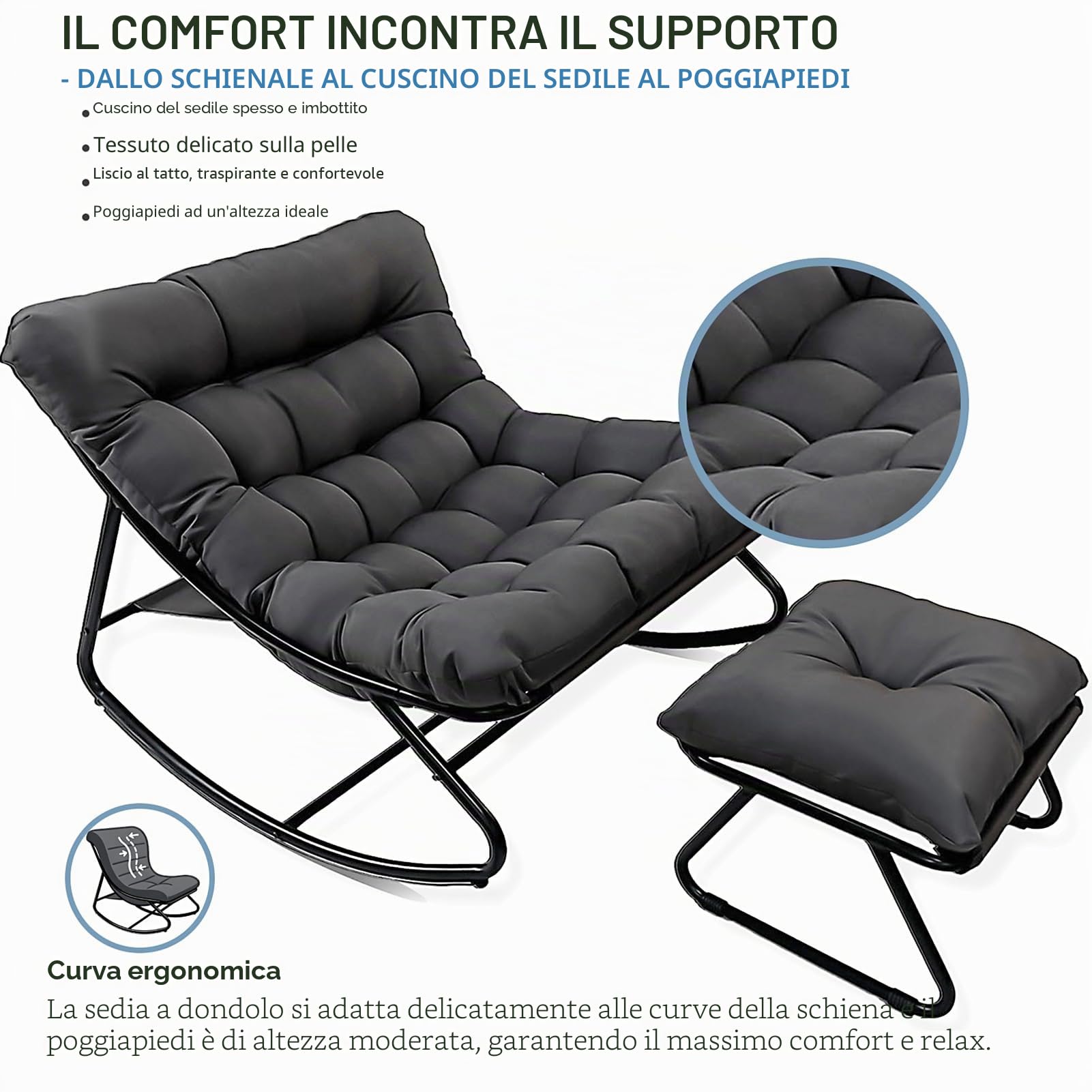Poltrona a Dondolo da Esterno, Sedia a Dondolo da Esterno con Pouf, Poltrona da Lettura a Salotto con Cuscino Imbottito, Portata 150kg, Rocking Chair per Salotto Terrazza Camera Studio (Grigio)