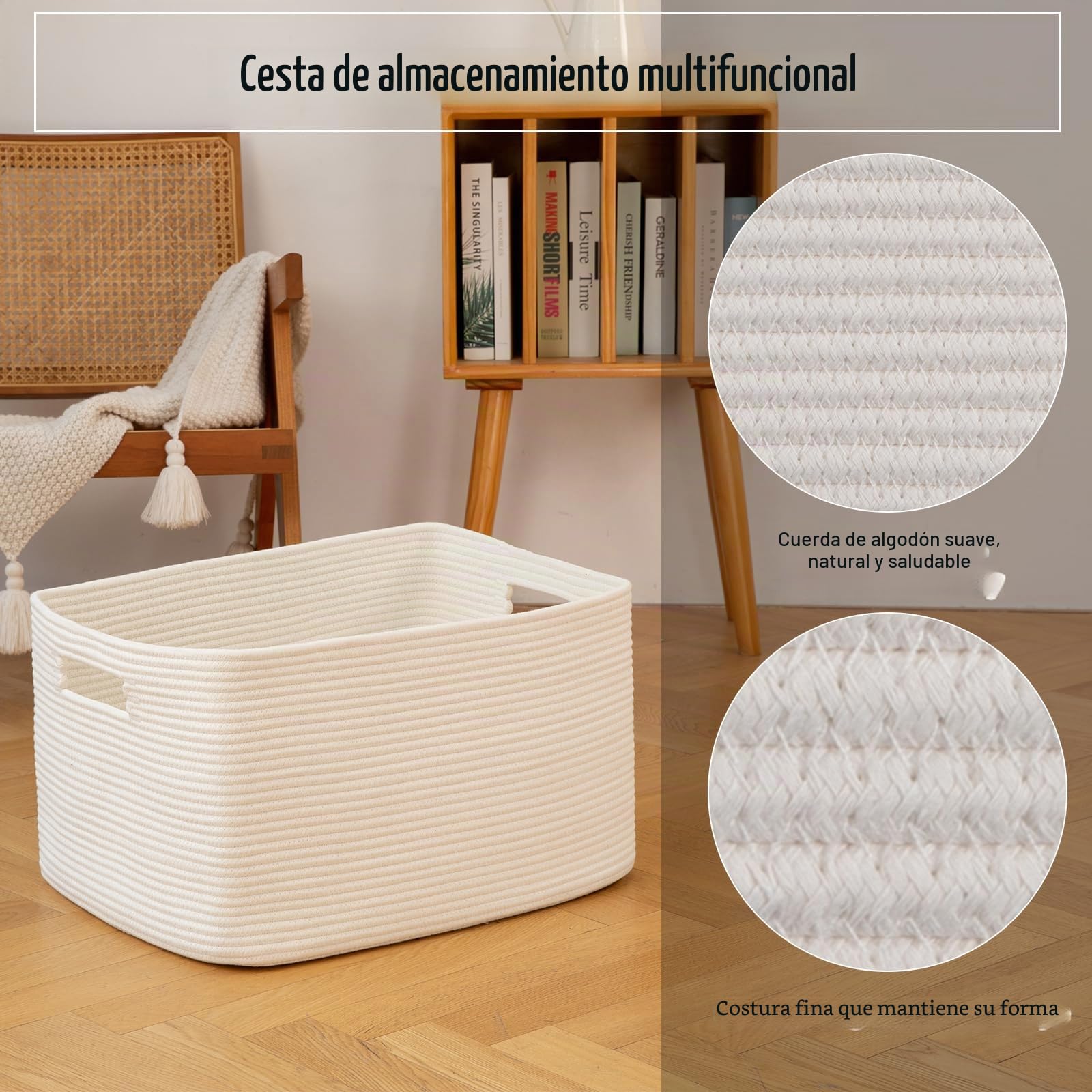 OIAHOMY Cesta grande de cuerda de algodón de 75 L con asa, cesta de almacenamiento tejida para mantas, juguetes, sala de estar y guardería, 22 x 17 x 12 pies, color blanco
