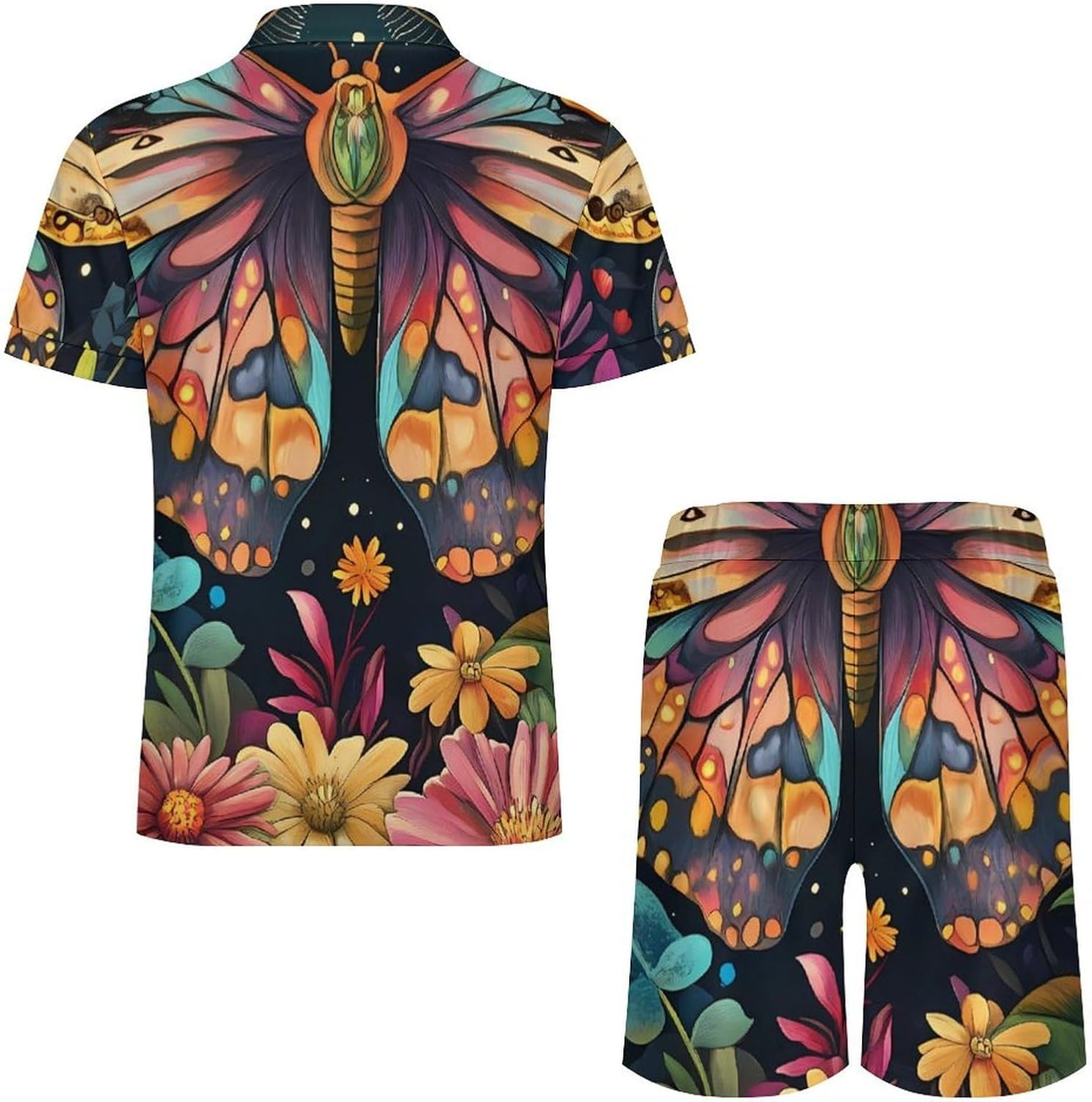 Butterfly Moon Luna Moth Flower Mens Polo Shirts Track Suits 2 Piece Short Sleeve Sweatsuit 1/4 Zip Golf Loungewear for Sports