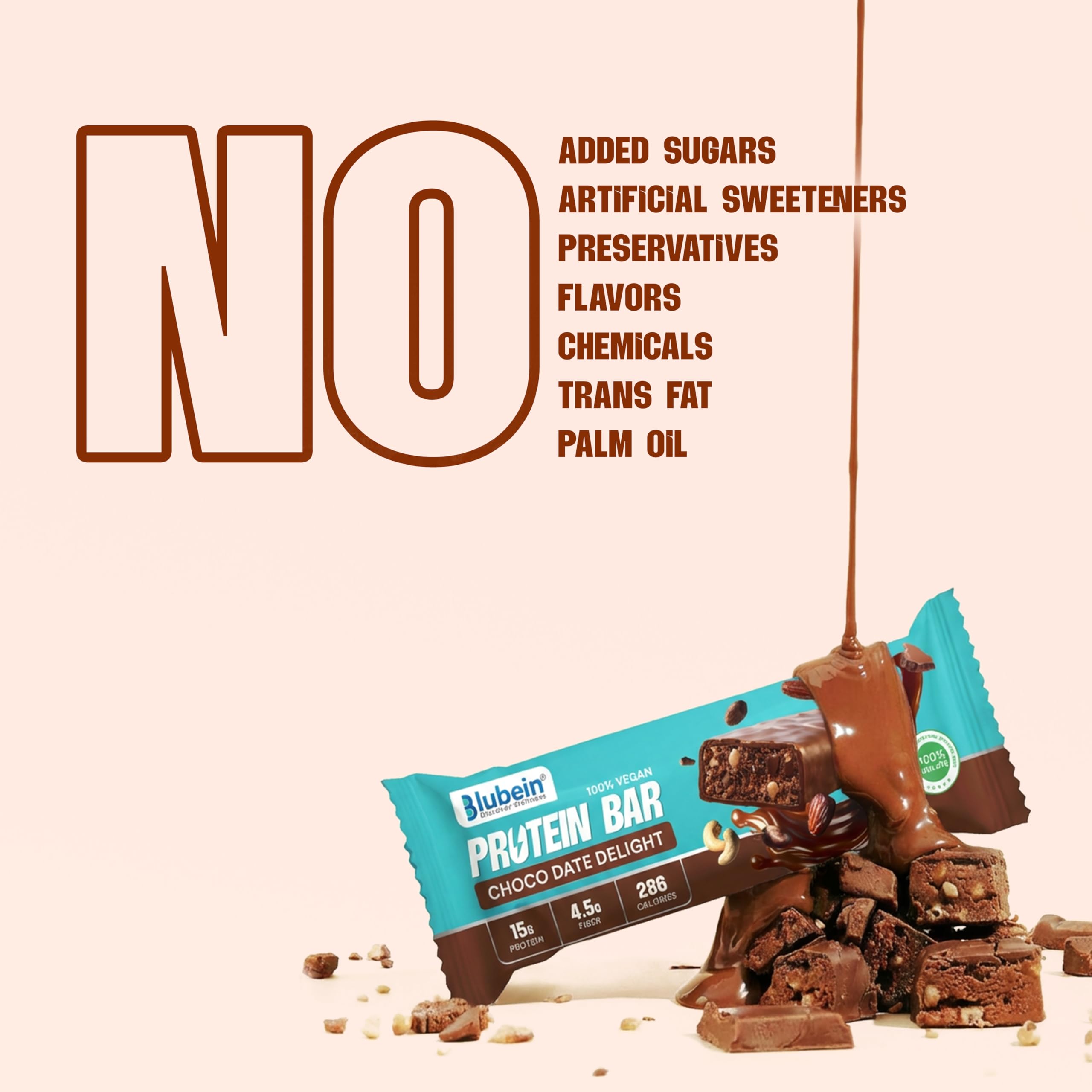Blubein Protein Bar - Choco Date Delight, 15g Plant Protein, Protein bars without sugar, No Gluten or Soy, No Palm Oil, Made with 100% Natural Ingredients & No Preservatives, Non-GMO | 63g Bar — Amazon image 7