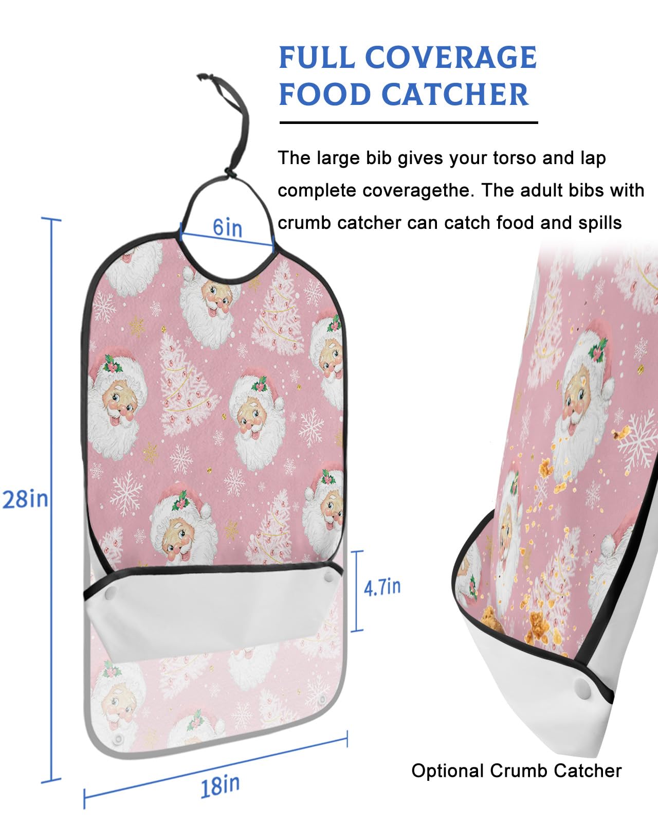 LEOKOTI Pink Santa Christmas Adult Bibs for Eating, Waterproof Bibs with Food Catcher & Adjustable Snap Closure, Pink Xmas Tree Winter Snowflake Washable Clothing Protectors Adult Bibs for Elderly