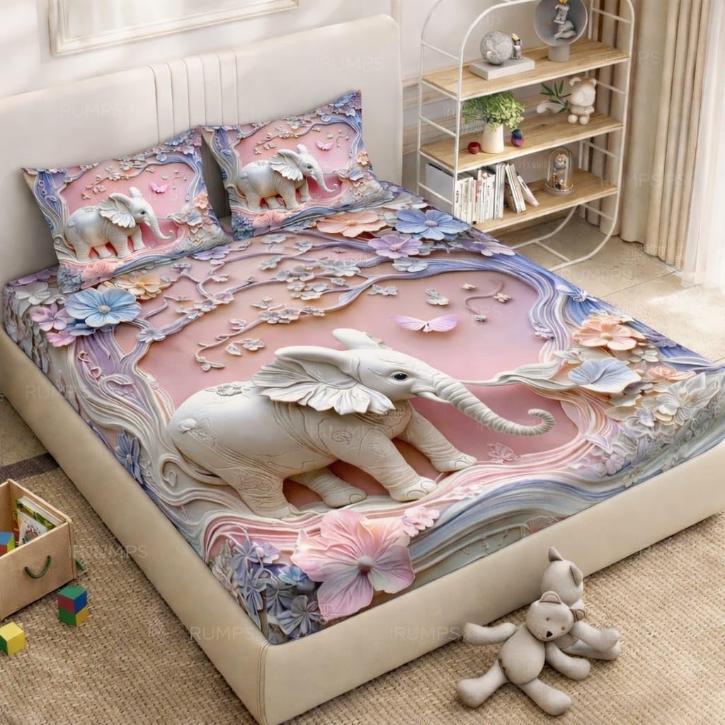 RUMPS 3D Digital Printed Double Bedsheet Flat | Premium Knitted Cotton MicroFabric 90x100 Inch Bed Sheet with 2 Pillow Covers, Cute Cartoon Blue Bird (7D Digital bedheet 09)