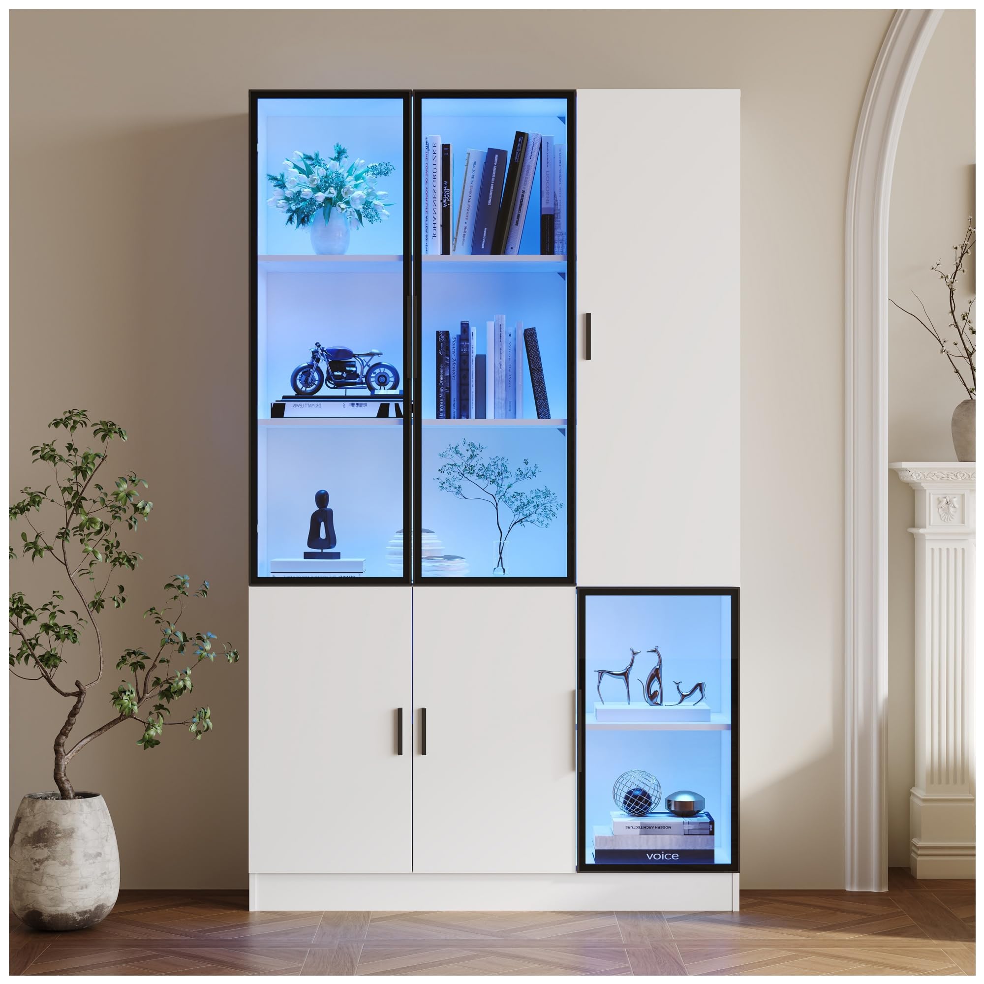 Vitrina de 120 x 35 x 200 cm, vitrina con iluminación LED, librería multifuncional, estantería con puertas de cristal y estructura de aluminio para dormitorios, salones y oficinas