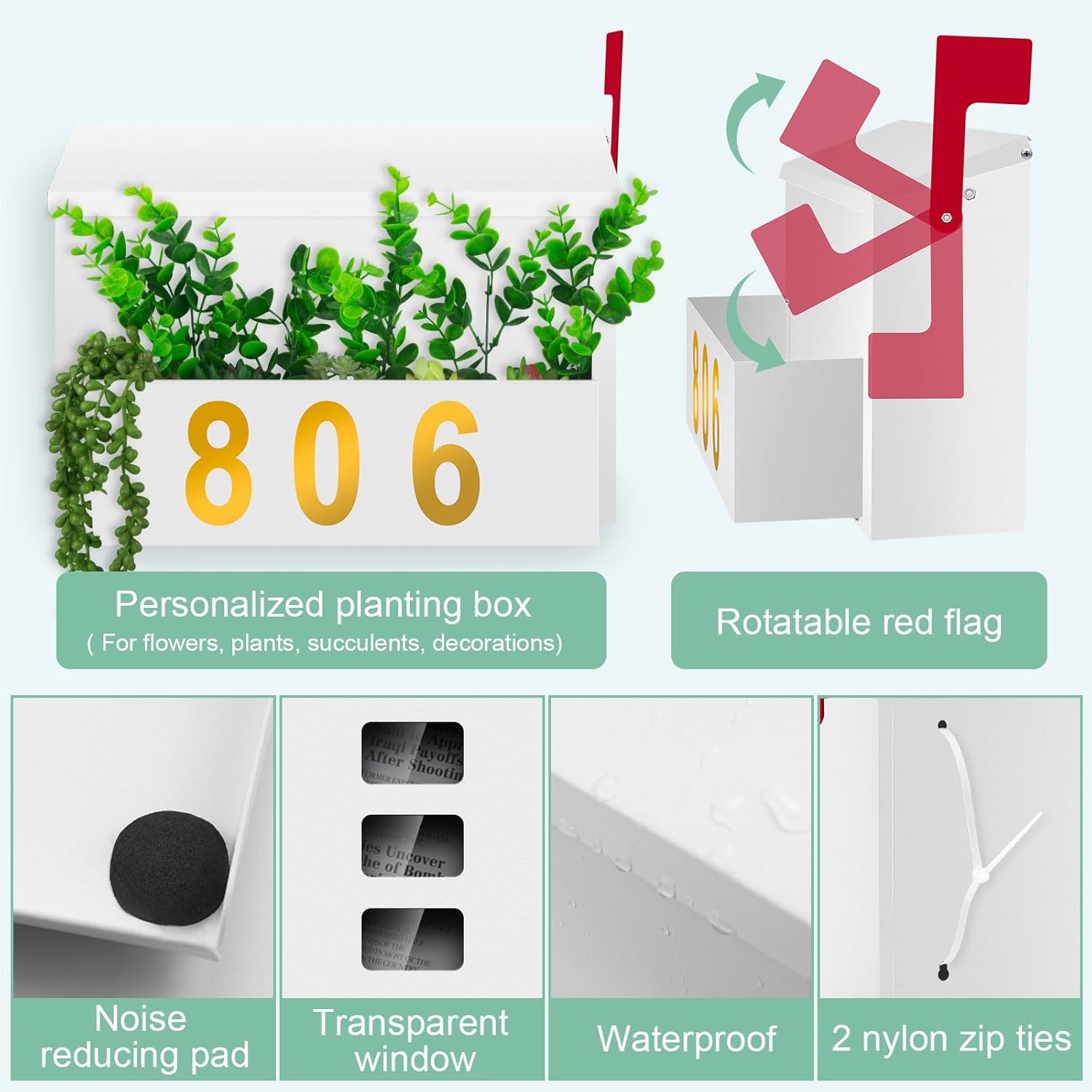 Wall-Mount Mailbox with Flag, Large Capacity Mailboxes for Outside House with Planter & 3 Sets of 0-9 Mailbox Number Stickers, Galvanized Steel Rust-Proof Post Box Metal Mail Box (White)