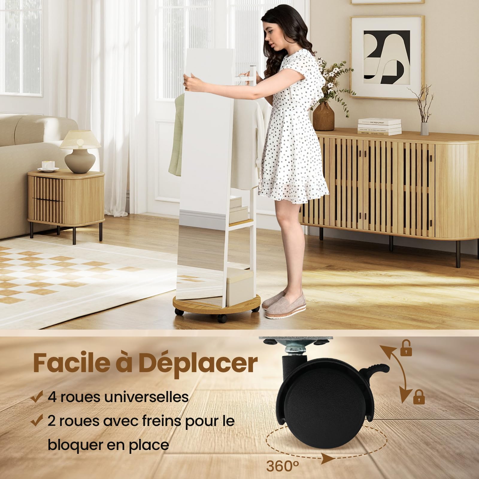 COSTWAY Miroir sur Pied Grand avec Porte-Manteau 4 Roues Pivotantes 360° 3 Crochets Cadre Métal 45 x 135 cm Blanc Naturel