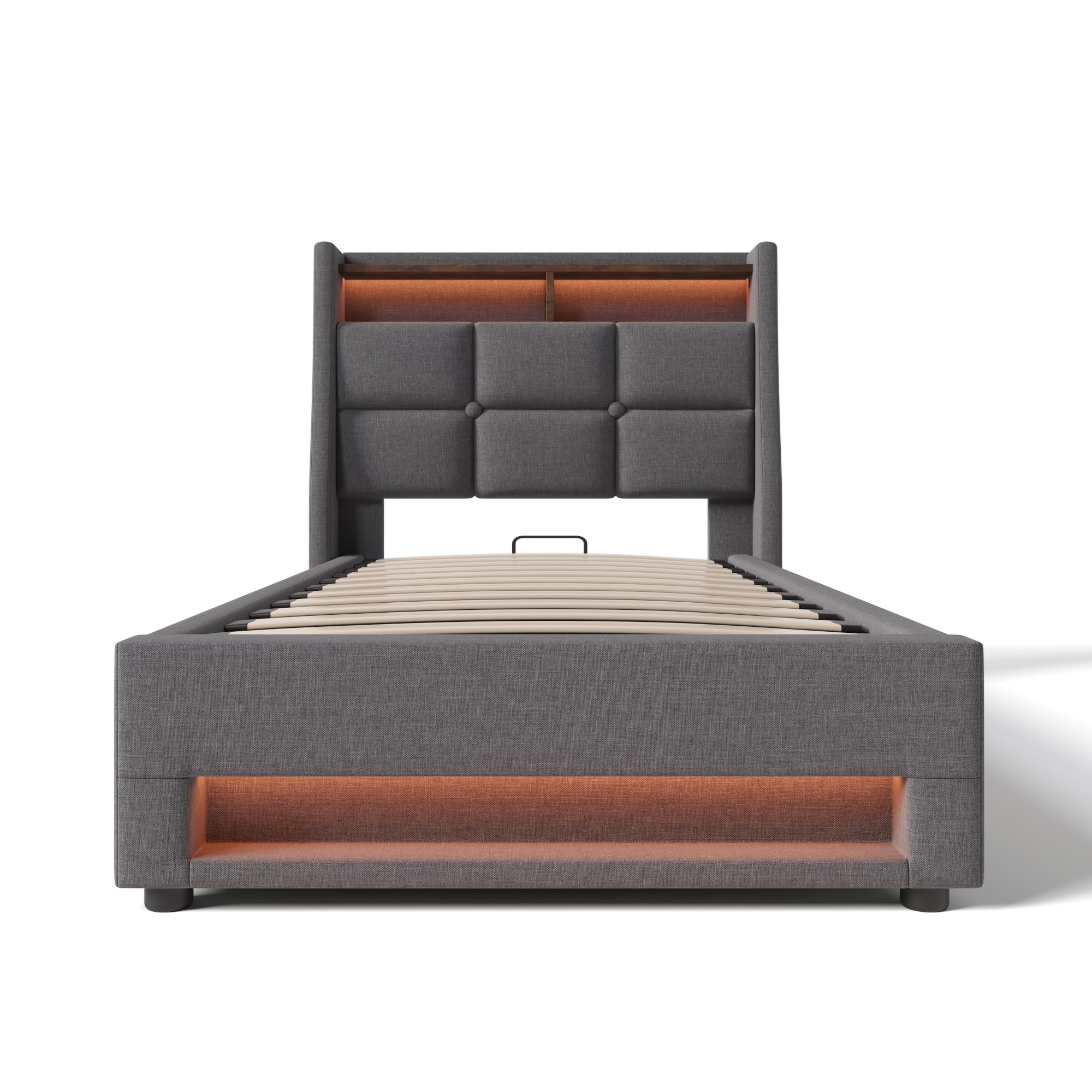 Letto Imbottito Singolo Letto 90x200 cm con Illuminazione a LED e Porta USB, Letto per Bambini con Idraulico Contenitore, Struttura Letti Singoli per Ragazzi, Grigio, Lino, Senza Materasso