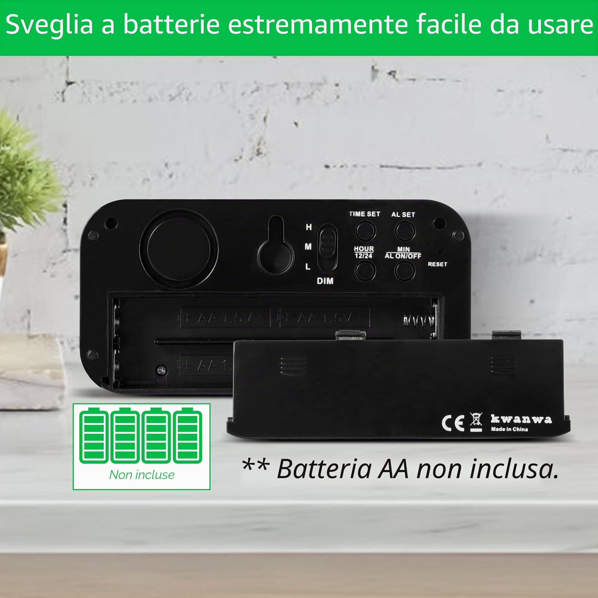 KWANWA Sveglia Digitale,Sveglia da Comodino,LED Sveglia con Grande 1.2 '' Time Display LED, Batteria AA Alimentato Solo, Funzione Snooze, Senza Ticchettare (Display verde)