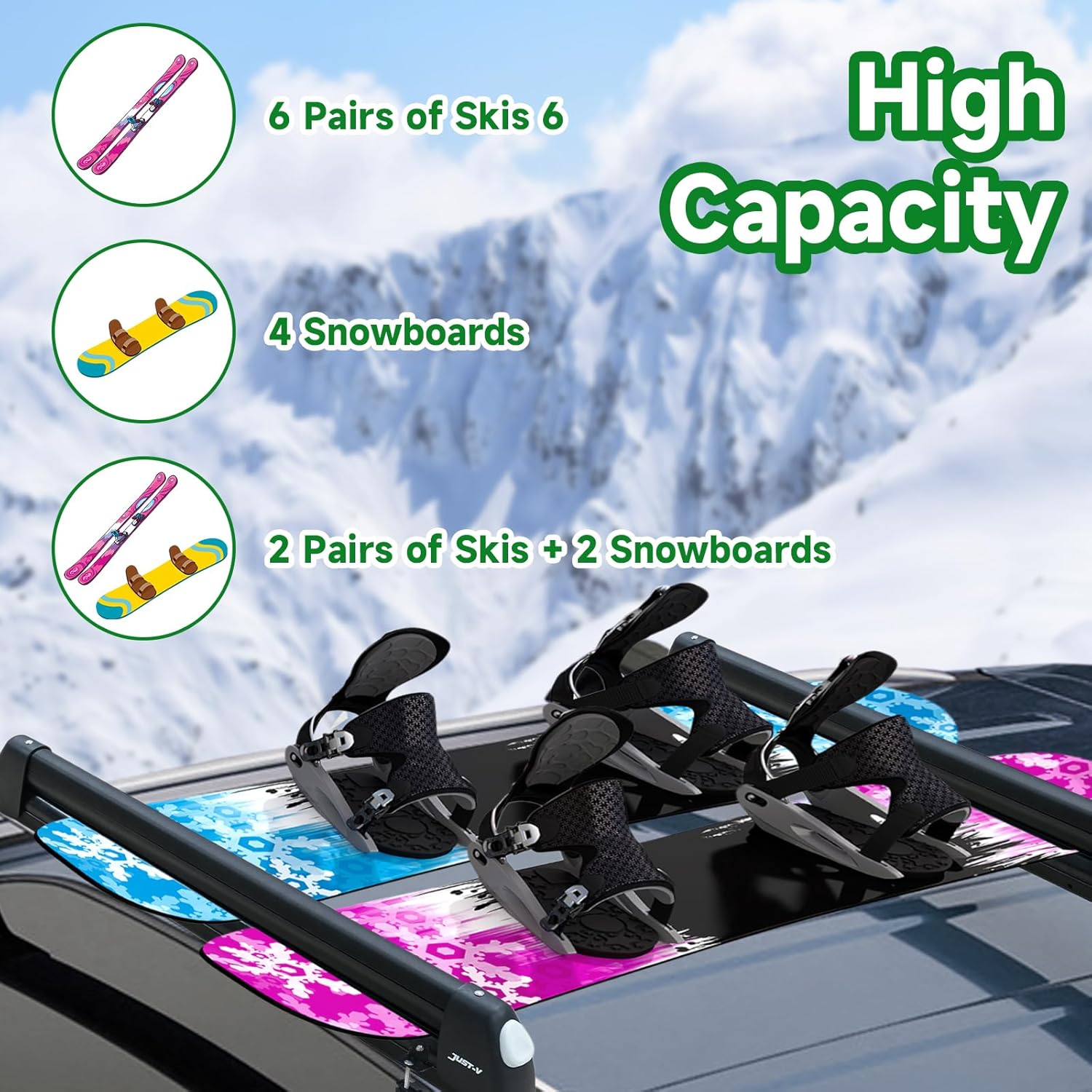 Just-V 33'' Aluminum Universal Ski Roof Rack Car Rack Carrier for Skis, Snowboards, Fishing Rods, Skateboards Easy to Use, Locking Fit Most Vehicles Equipped Crossbar (Black)