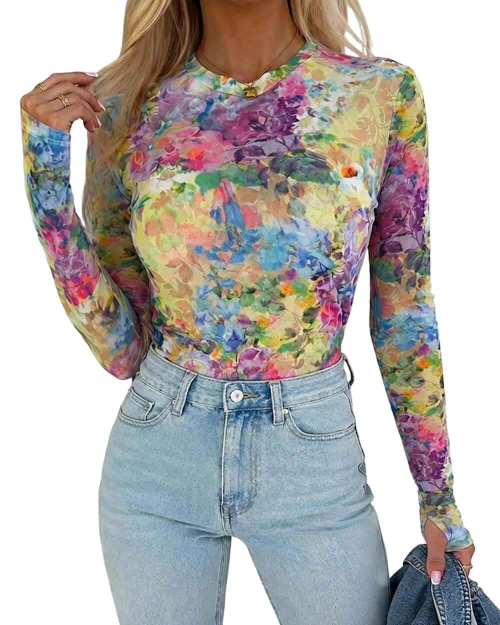 CHICME Womens Mesh Long Sleeve Top Sheer Going Out Shirt Floral Print, See-Through Stretchy Fabric, Crew Neck with Thumbholes, Perfect for Party, Concerts and Early Fall Layering