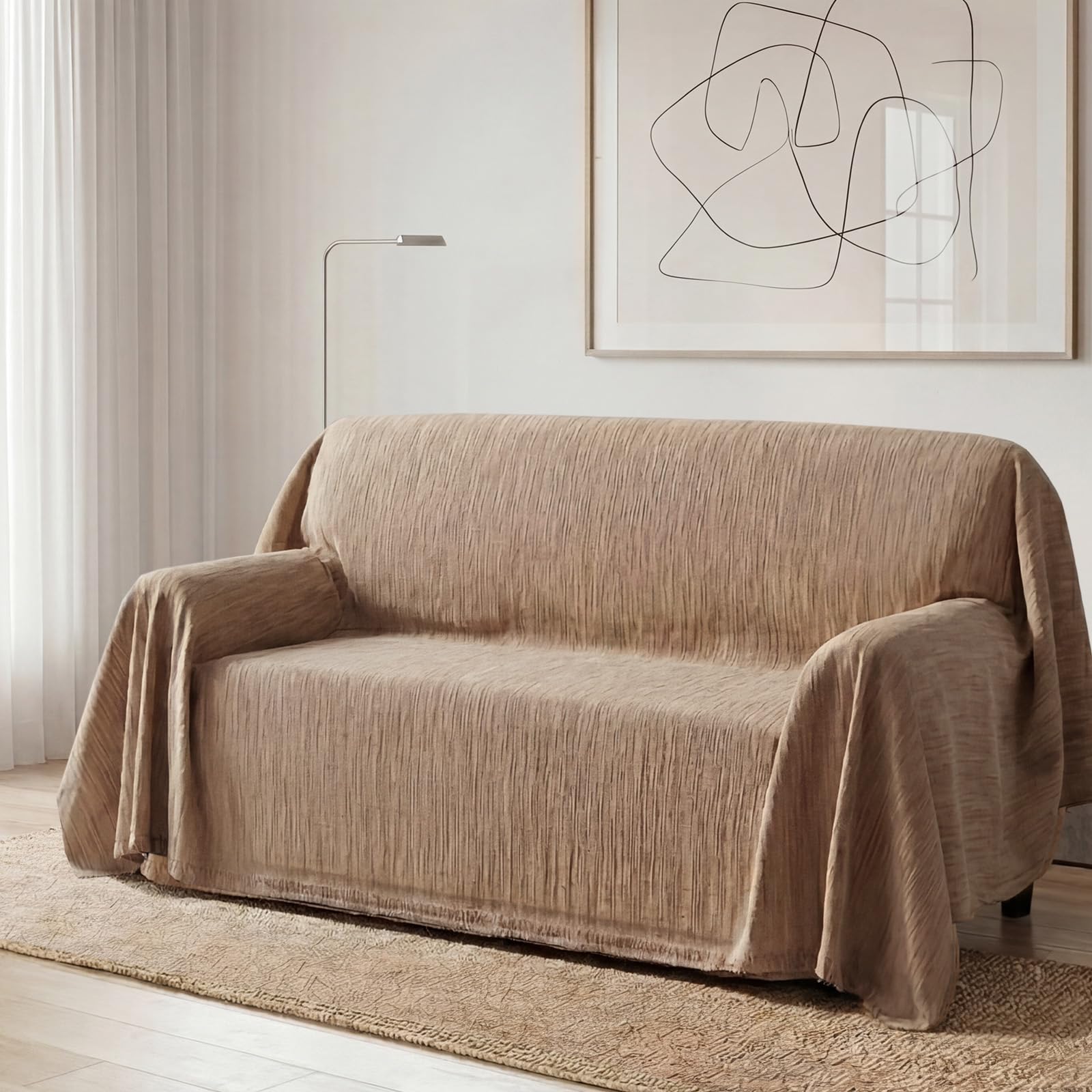 Bellahills Texture Light Camel Sofa Cover 3 Seater Chenille Sofa Covers 2 Seater Armchair Covers L Shape Sofa Slipcover Non-Slip Couch Covers With Tassel Sofa Protector For Sectional Sofa, 180X260cm,