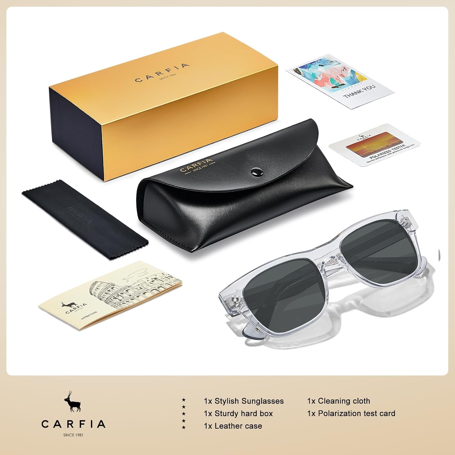 CARFIA Polarized Sunglasses for Men UV400 Protection Premium UV400, Retro Thick Acetate Frames Sun Glasses