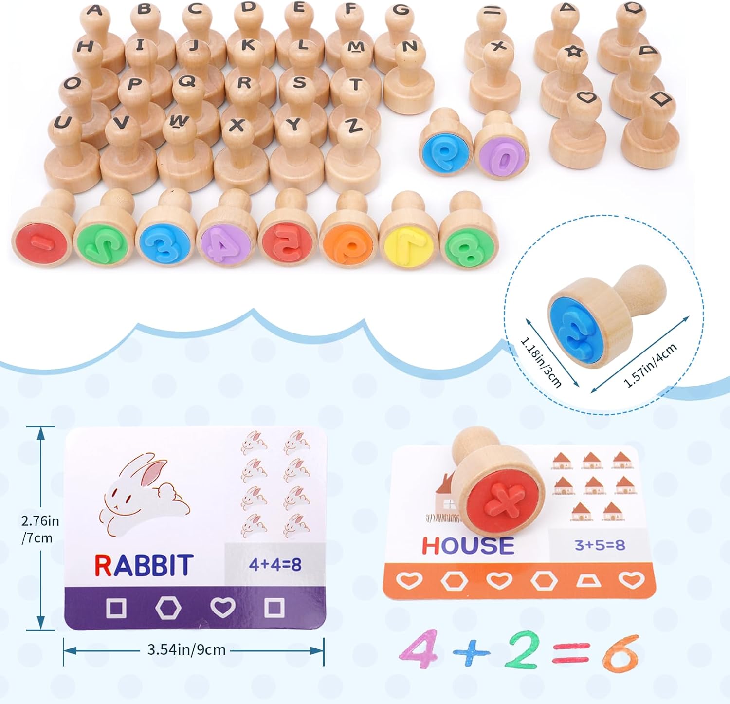 Letter Number Stamps for Kids, Wooden Alphabet ABC Spelling Mathematics Stampers Set with Flashcard for Kids Birthday Gifts, Thanksgiving Christmas Party Supplies Educational Montessori Toy