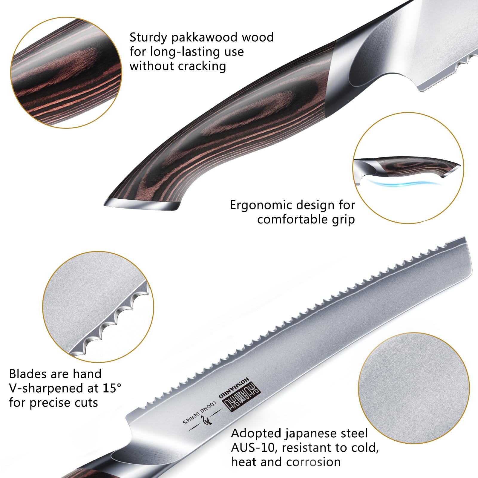 HOSHANHO Brotmesser, 25cm Gestochen Scharf Brotmesser mit Wellenschliff aus Hochgekohltem Edelstahl, Professional Bread Knife für Brot, Bagels, Kuchen
