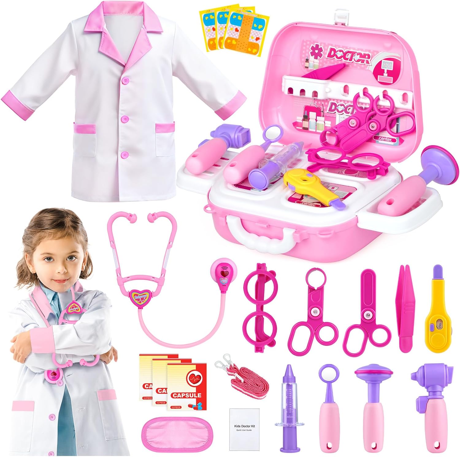 Doctor Costume for Kids - Dr Medical Pretend Play Toys Set for Girls - Doctors Kit for Toddlers 3-5 - Nurse Sets for Girl 22Pcs - Doctors Playset for Toddler Ages 3 4 5 6 Year Old