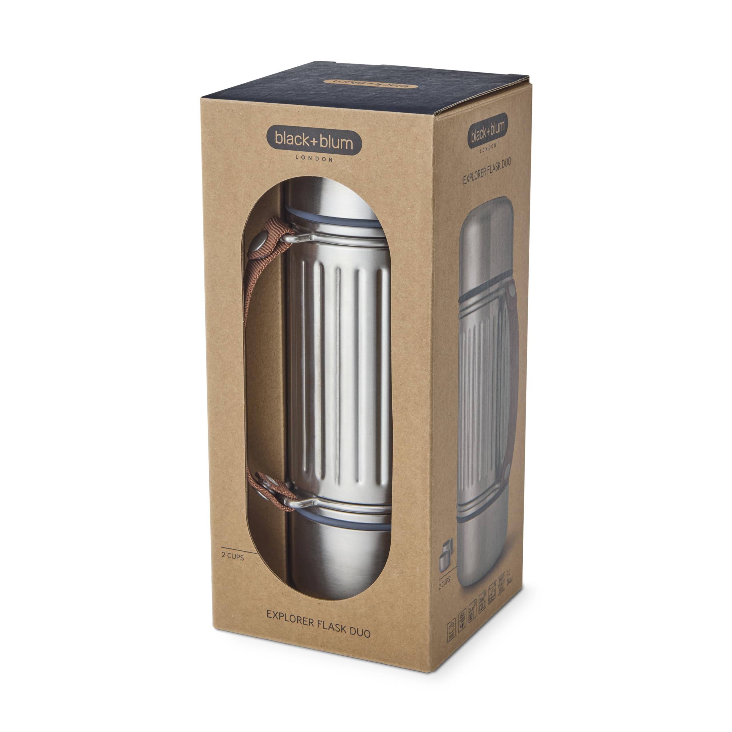BLACK + BLUM Gourde Isotherme | Explorer Flask En Inox avec 2 Tasses | 1 L | Étanche, Chaud ou Froid 24 h, 2 Tasses Inox Double Paroi, Sangle de Transport, Camping & Plein Air