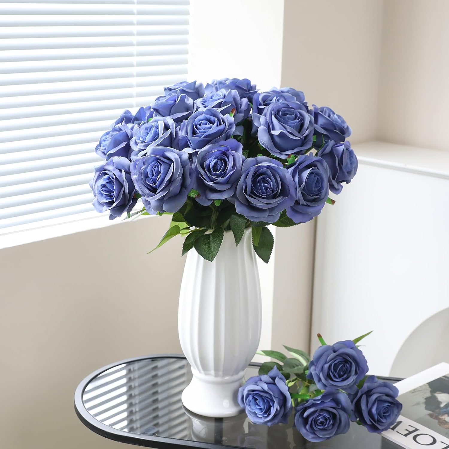Tifuly Dusty Blue Roses Artificial Flowers - 12 Pcs Long Stem Silk Roses, Realistic Fake Roses with Stem for Bridal Bouquets, Home and Office Decor - Image 3
