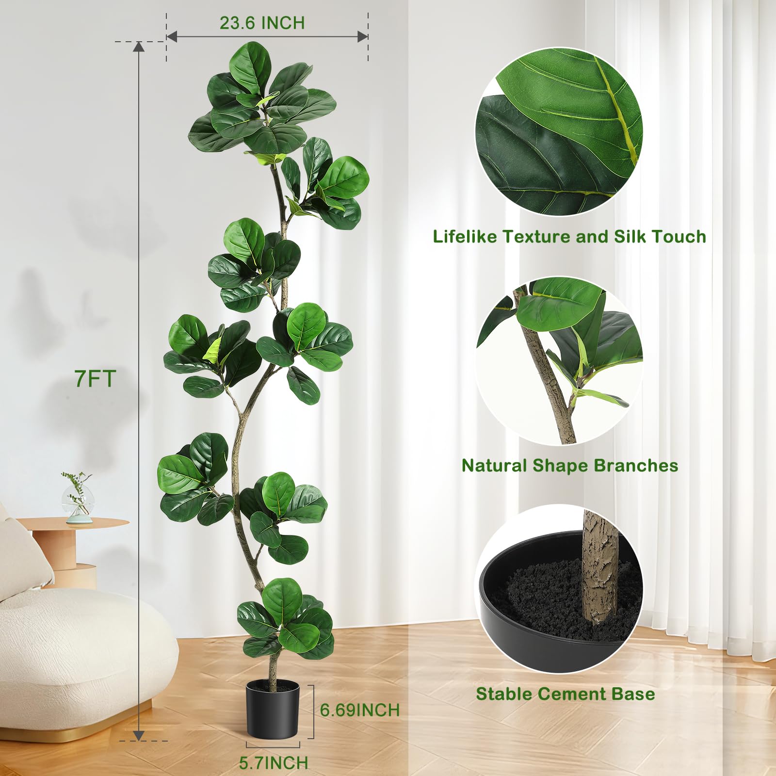 GarveeHome Higuera artificial de hoja de violín – Planta falsa de 7 pies con maceta negra para vivero, plantas de piso grandes para decoración del hogar u oficina, plantas artificiales para interiores