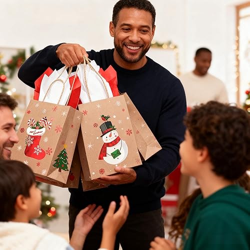 Miniatura 6 de Funrous 16 bolsas de regalo de Navidad a granel con asas y papel de seda, bolsas de golosinas de Navidad para regalos de dulces, envoltura de papel
