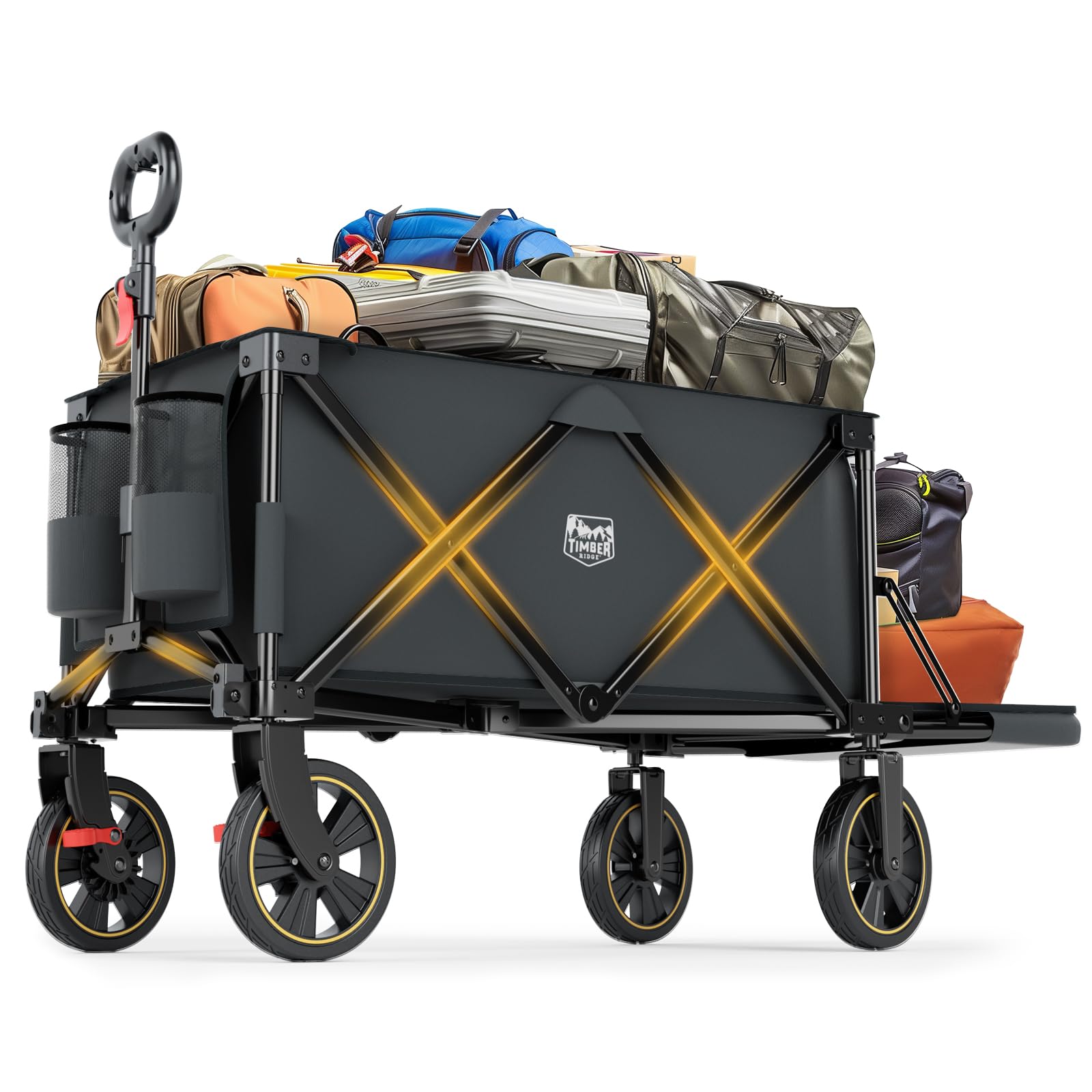 Timber Ridge 49" Extra Long Collapsible Folding Wagon with Tailgate and Brakes, 300lbs Heavy Duty Foldable Wagon with Adjustable Handle, 250L Capacity Portable Cart for Outdoor Camping Sports, Grey