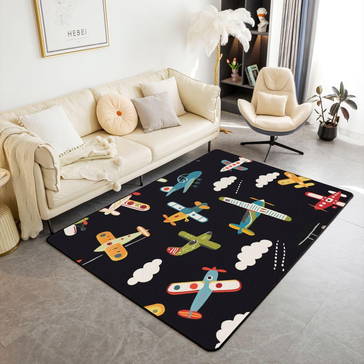 Homewish Uroczy dywan z motywem śmigła, 100 x 150 cm, do sypialni, kreskówka, samolot, samolot, salon, motyw lotniczy, dekoracja podróży, nie gubi włosia, dywan dla dzieci, dziewcząt, białe chmury