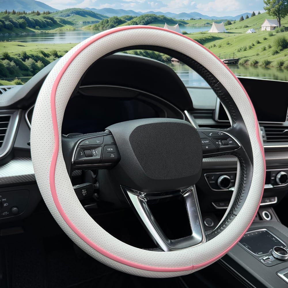 HAOTULE Leather Steering Wheel Cover， with Anti-Slip Stripe Design - Enhanced Grip, Fashion Style, Safe, Non-Slip, Breathable. Upgrade car Interior，