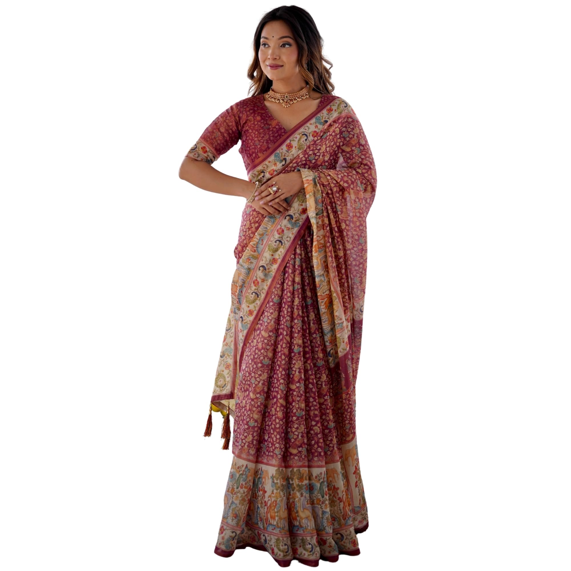 Maroon Handloom Cotton Saree With All Over Floral Print Multicolor Royal Procession Pallu | Colour - Marun-image-7