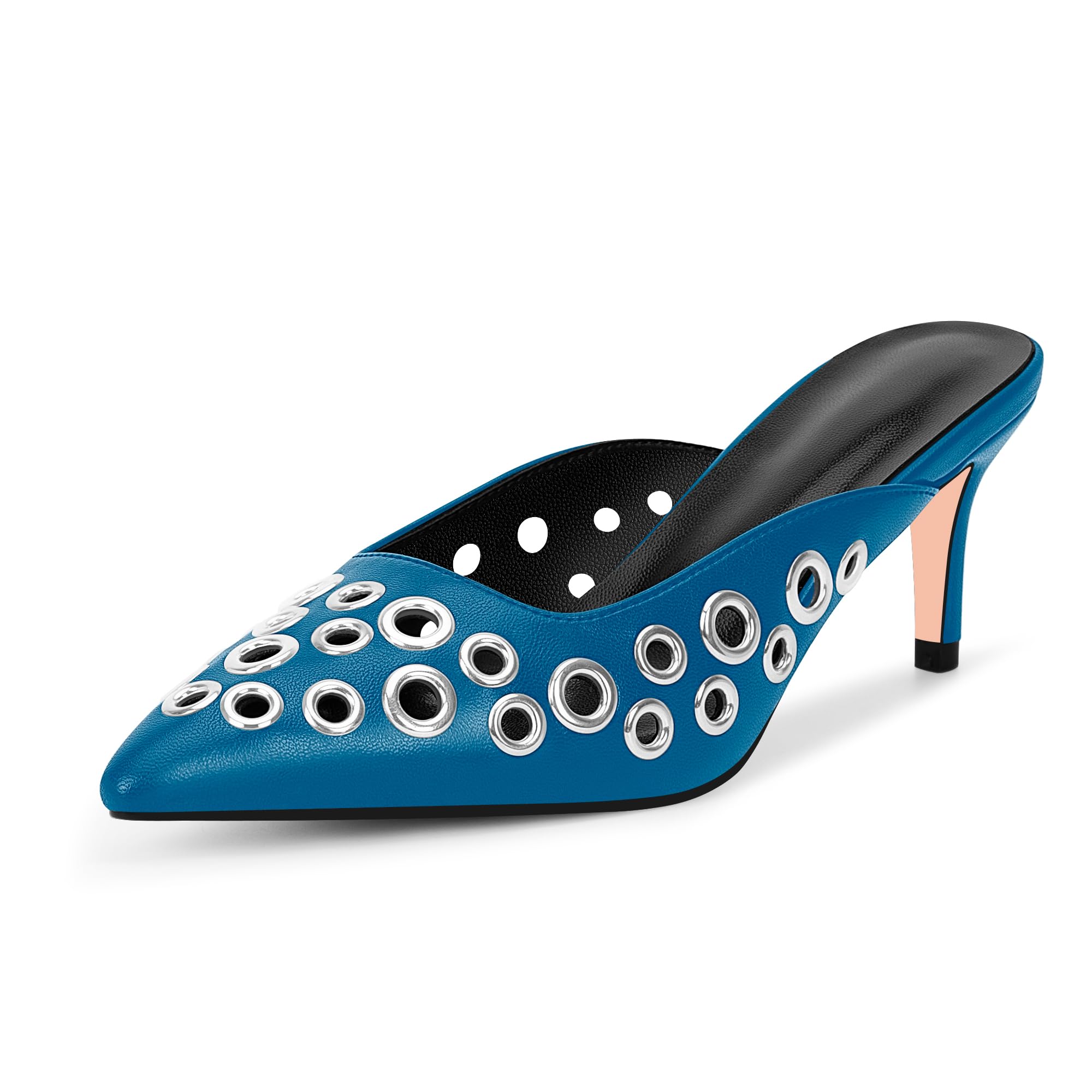 100FIXEO Women's Studded Metal Eyelet Perforated Pumps Stiletto High Heel Pointed Toe Mule Shoes