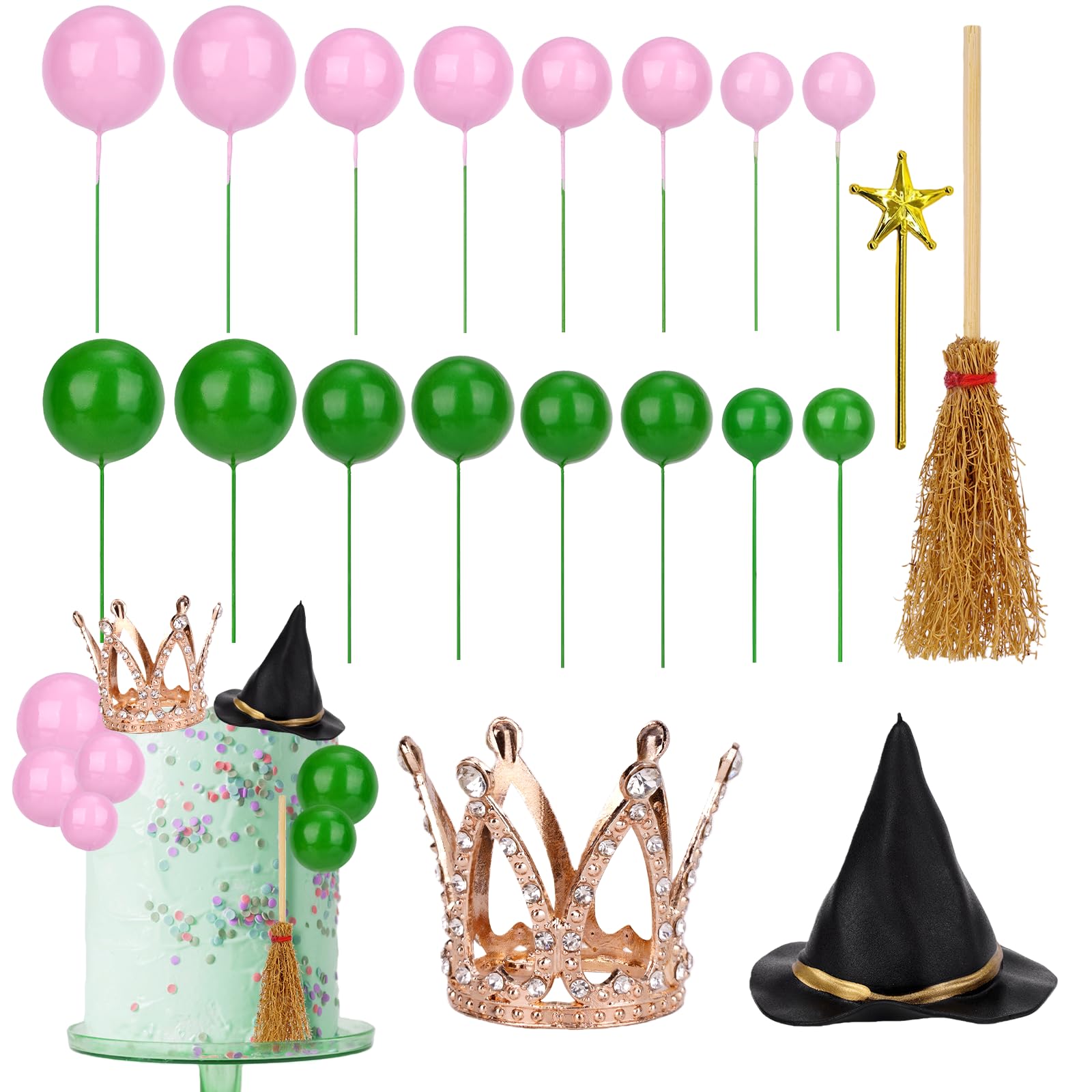 44Pcs Witch Theme Party Cake Topper Set, Birthday Cake Decorations for Party, Witch Hat Cupcake Toppers for Halloween and Magic Birthday Party, Princess Crown Hat Broom Star Wand