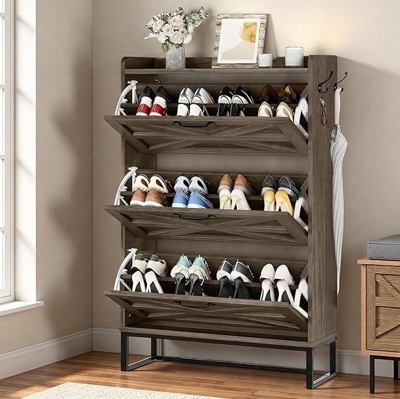 DWVO Farmhouse Shoe Storage Cabinet with 3 Flip Drawers, Slim Shoe Cabinet for Up to 24 Pairs, Narrow Shoe Rack for Entryway, Living Room, Hallway (Washed Grey)