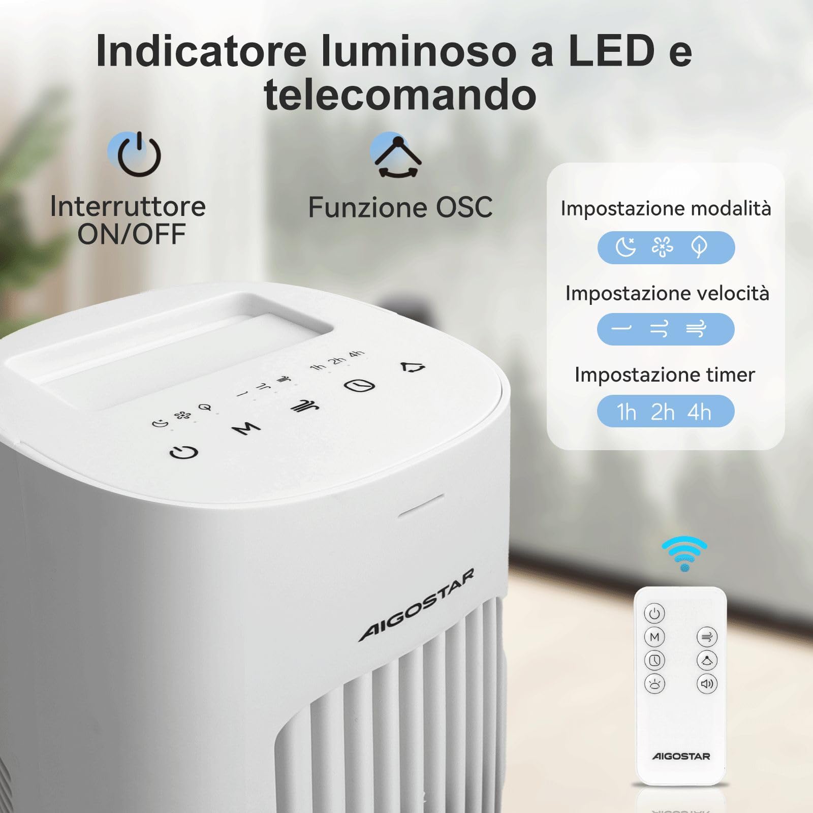 Aigostar Robert - Ventilatore a Torre con Telecomando e 3 Velocità e 3 Modalità di Vento, Ventilatore Senza Pale, Timer, 50W, Oscillazione a 70°, Display LED, Adatto per Casa e Ufficio, Bianco