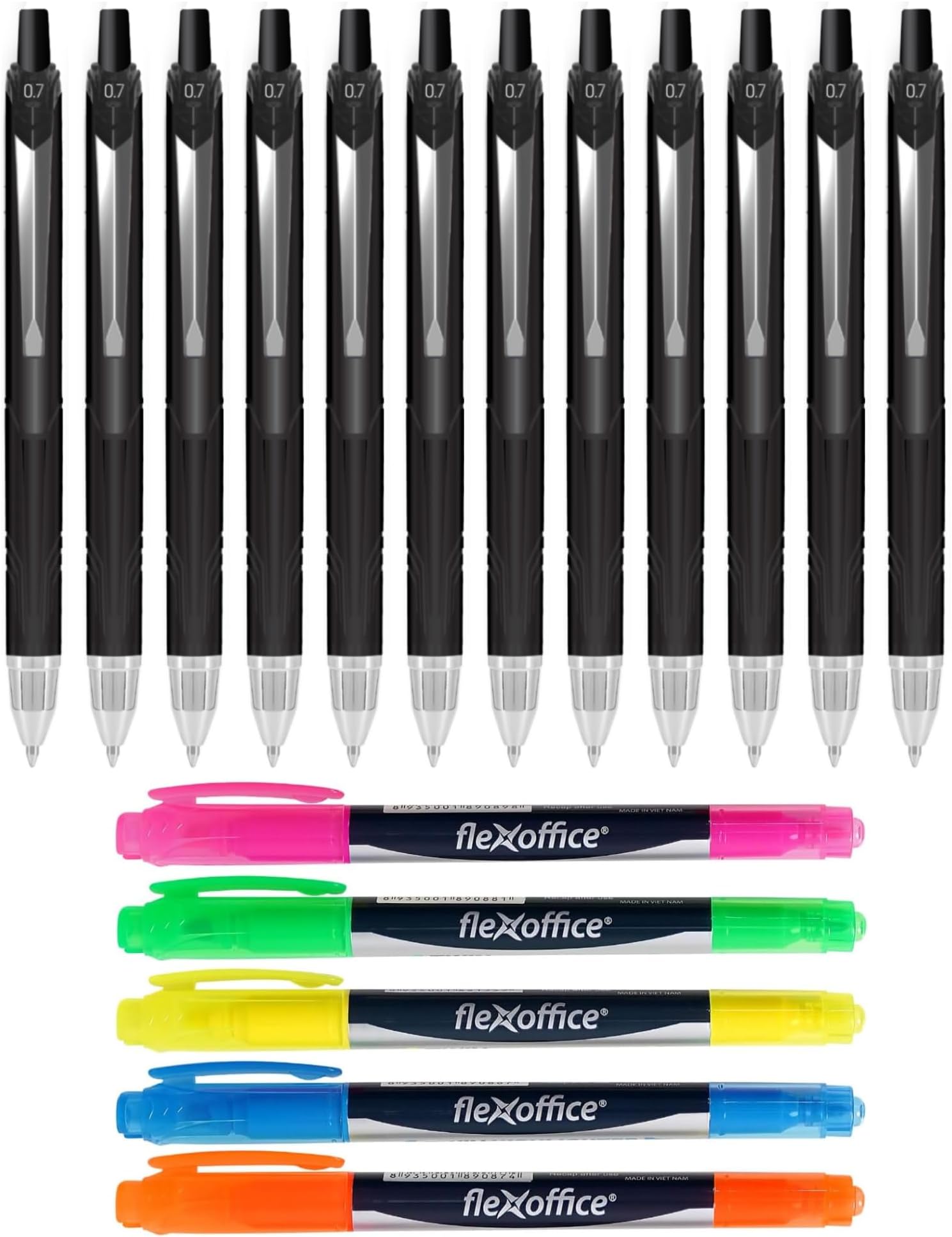 FLEXOFFICE 12-Pack Black Gel Ink Pens 0.7mm & 5-Pack Fluorescent Dual Tips Highlighters | Back To School Supplies