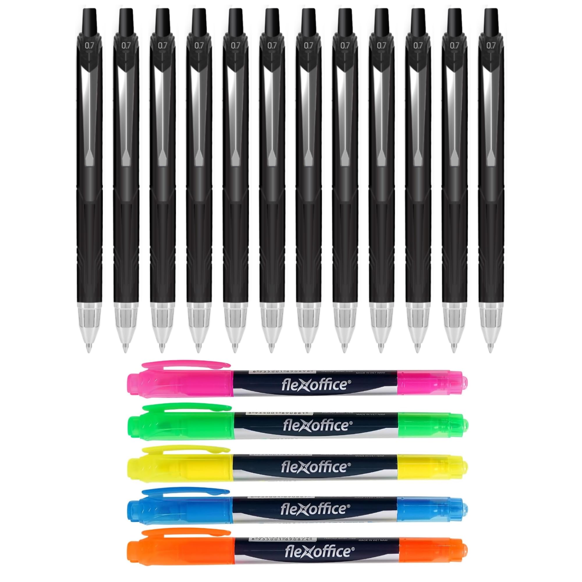 FLEXOFFICE 12-Pack Black Gel Ink Pens 0.7mm & 5-Pack Fluorescent Dual Tips Highlighters | Back To School Supplies