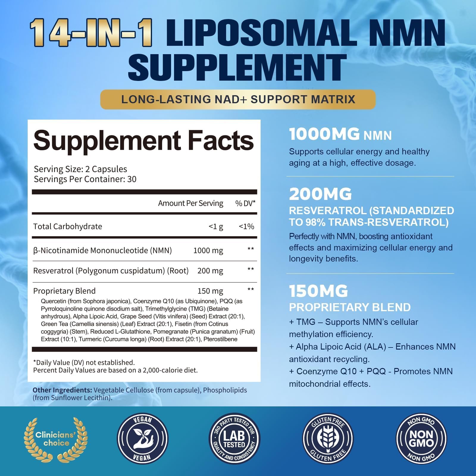 Totaria Liposomal NMN Supplement 1000mg, 14-in-1 NMN Resveratrol Capsules with CoQ10, TMG, Quercetin, ALA, PQQ, Support NAD Levels, Cellular Energy & Healthy Aging, 60 Capsules, cGMP, Filler Free — Amazon image 3