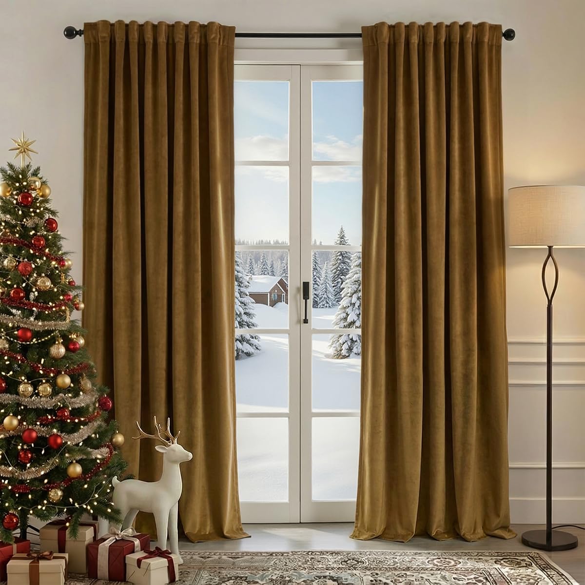 Nemia Gold Brown Velvet Curtains Thermal Insulated Blackout Curtain for Bedroom Window Living Room Darkening Luxury Vintage 96 Inches Long Heavy