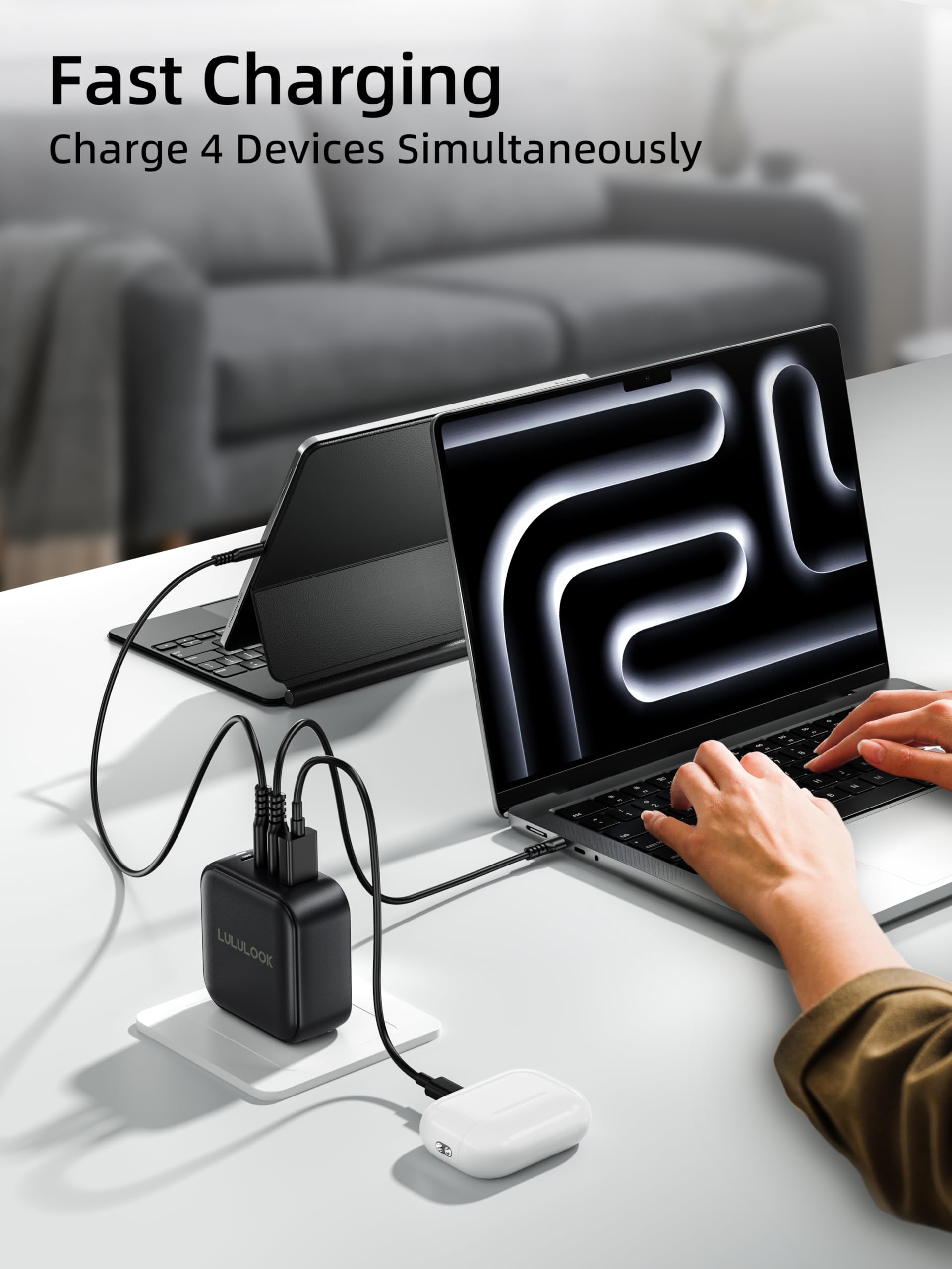 LULULOOK 100W Cargador USB C GAN 4 Puertos,Cargador Rápido,Adaptador Multipuerto,Compatible con MacBook Pro/Air, Galaxy S22/S21, Dell XPS, iPad Mini/Pro, iPhone 16/15/14/13/13 Pro Max/iPhone 12, Pixel