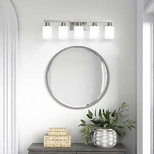 Miniatura 8 de Lámpara de tocador de baño de 5 luces, luces de tocador de níquel cepillado con vidrio esmerilado cuadrado, lámparas modernas de pared de baño sobre