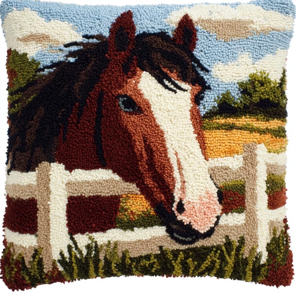 kitphoenix Latch Hook Cushion Kits for Adults Horse in A Paddock