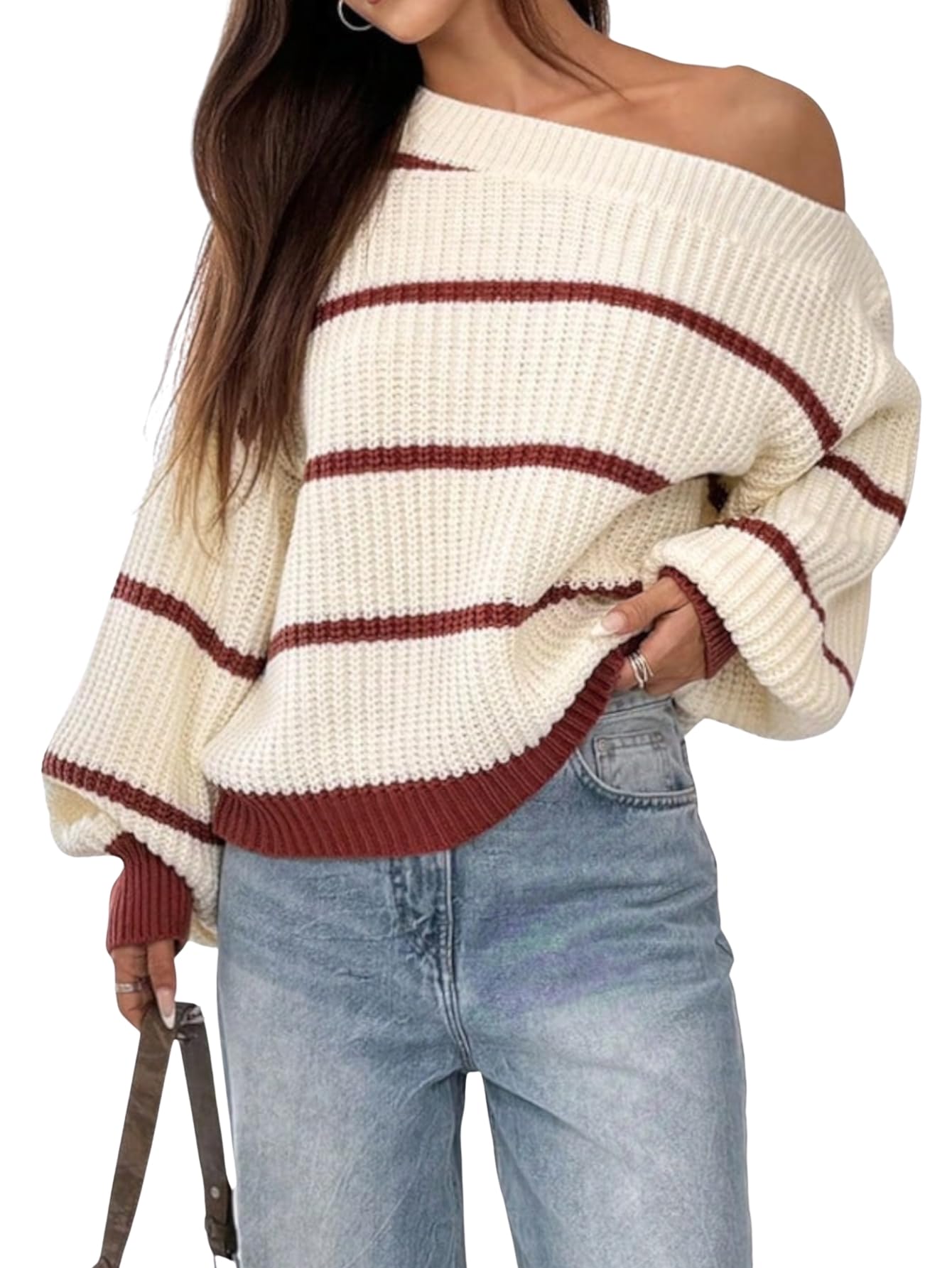 Verdusa Womens Oversized Off The Shoulder Sweater Chunky Knit Striped Long Sleeve Pullover Tops Fall Clothes
