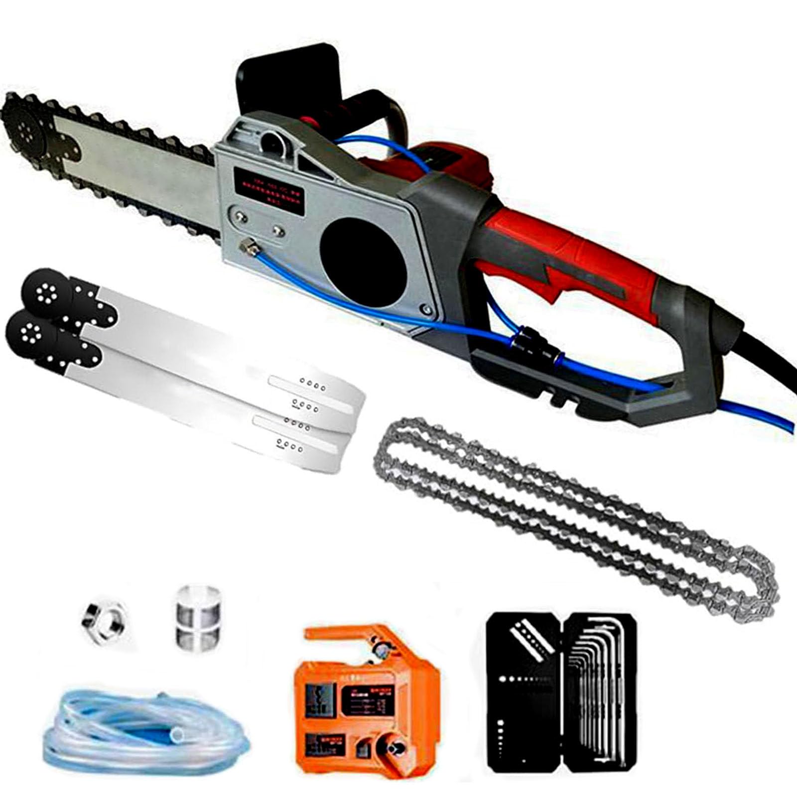 SENJINGHUA Electric Chain Saw, Handheld Diamond Chain Wall Cutter with 2 Chains/2 Guide Bars and Water-Fed Dust Suppression, for Granite, Reinforced Concrete,350