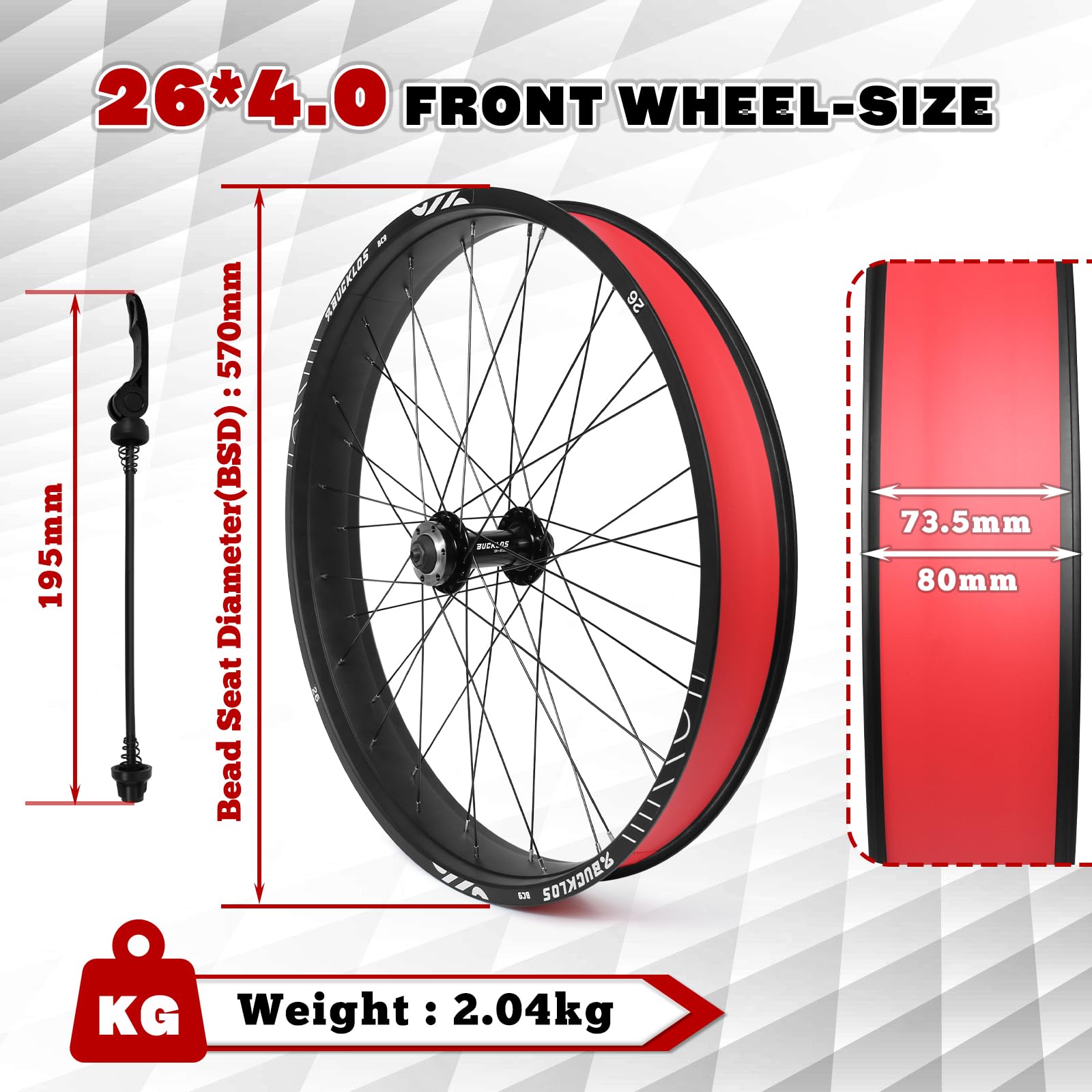 26 x 4,0 Zoll Fat Tire Fahrradrad Vorderrad Mountainbike Felge 135 mm Nabe 9 mm Schnellspanner Laufradsatz Aluminiumlegierung Scheibenbremse 36 14G Speichen für MTB Ebike Beach Snow Cruiser