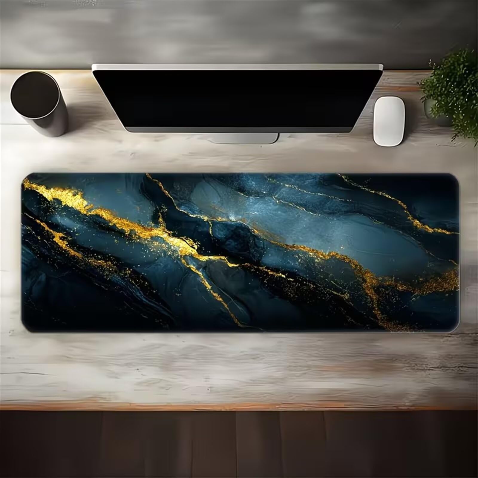 Alfombrilla Ratón XXL 900x400x3mm Grande Alfombra Escritorio,con Base de Goma Antideslizante y Bordes Cosidos Gaming Mouse Pad,Mejora La Precisión Y La Velocidad (Mármol Azul Profundo Dorado)