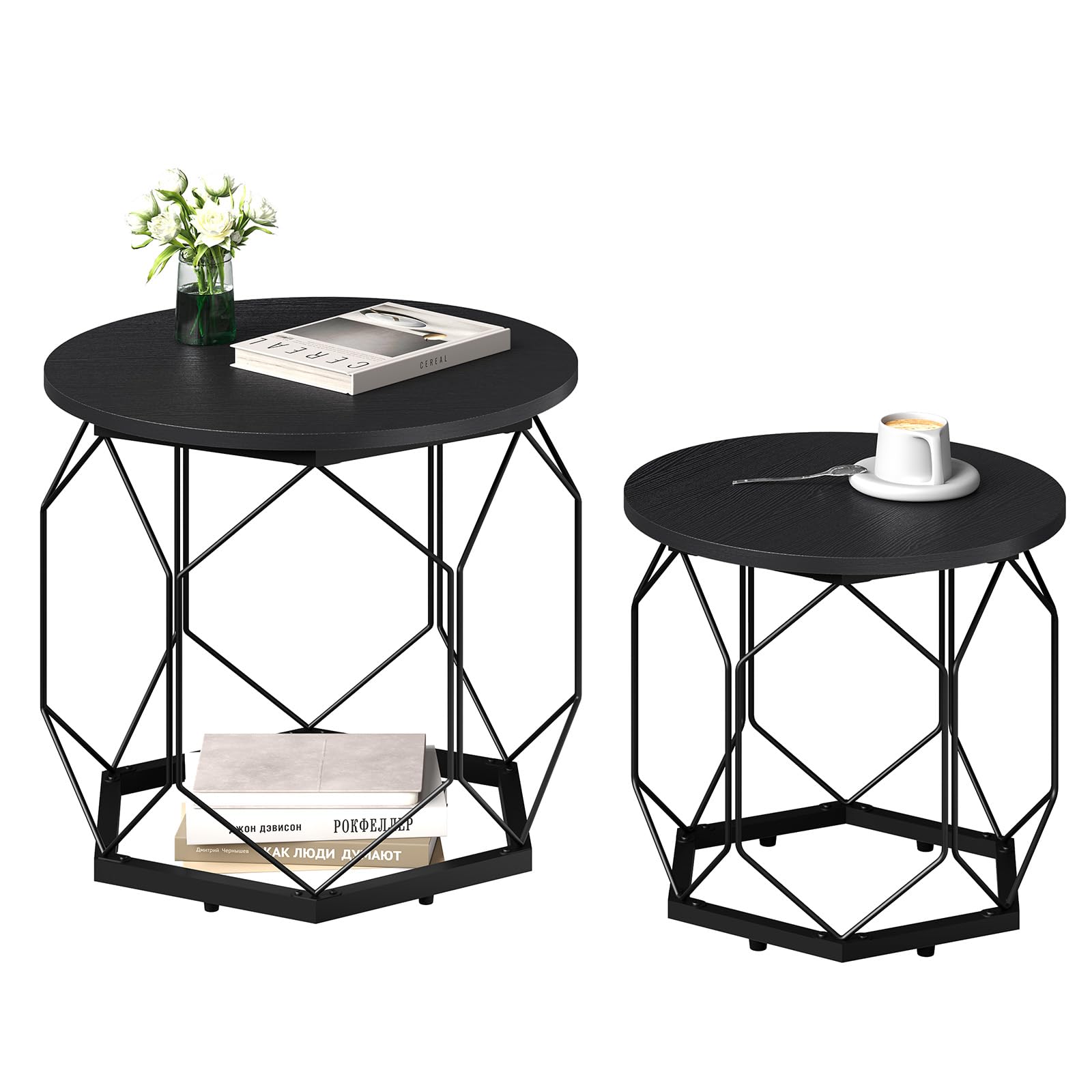 Tavolino Da Caffè Rotondo WOLTU - Design Rovere Chiaro E Nero, Struttura In Metallo, Multiuso - Foto 13