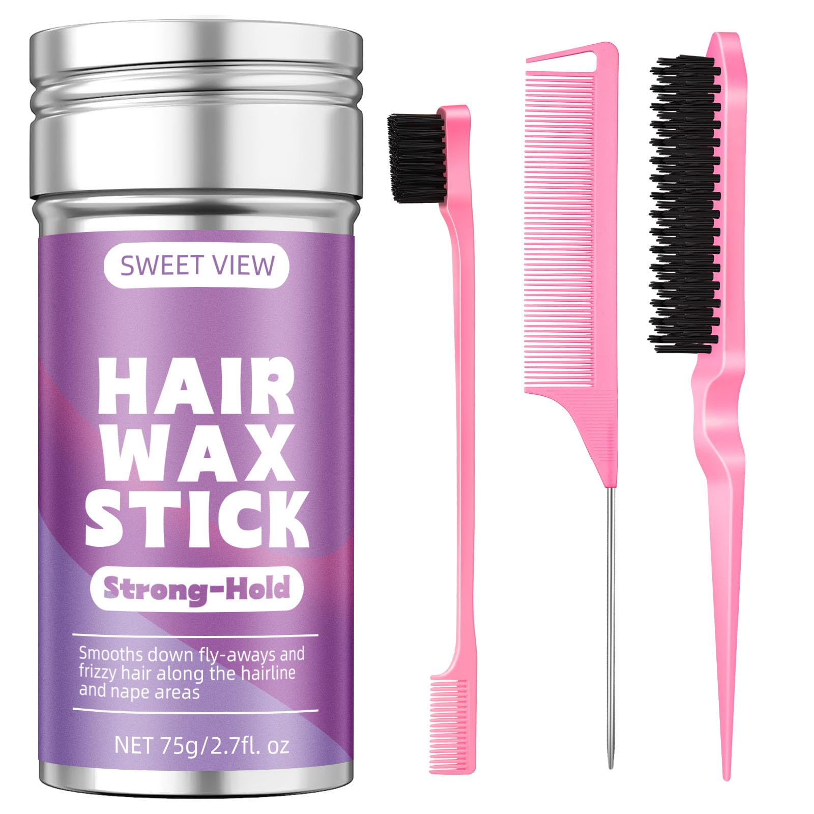 SWEET VIEW Hair Wax Stick & Slick Back Hair Brush Set for Smooth Flyaways, Frizz, Sleek Ponytail, Bun, Styling Accessory for Girls, Kids