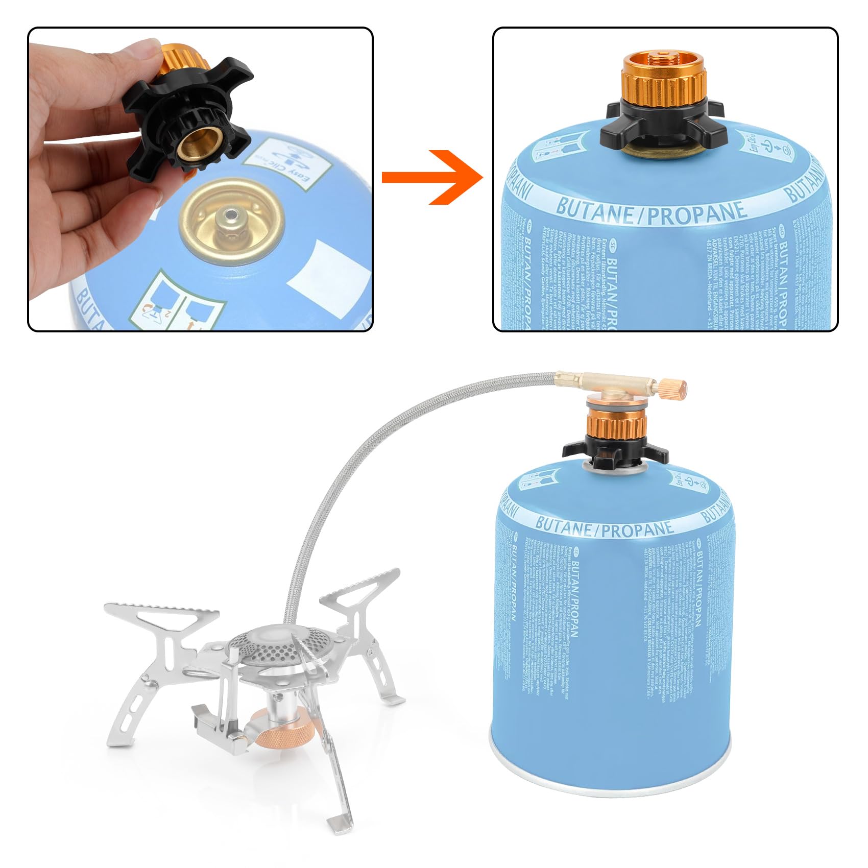 Onlyfire Adaptery do kartuszy z zaworem do kartuszy gazowych Easy-Click/CV Przejście z zamka bagnetowego na gwint 7/16", adapter do kartuszy gazowych, złoty, 1 szt