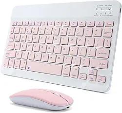Combo Teclado e Mouse Bluetooth Sem Fio, Ultrafino e Recarregável - Compatível com Tablets Android, iPhone, iPad, Windows Surface e Mais (Rosa)