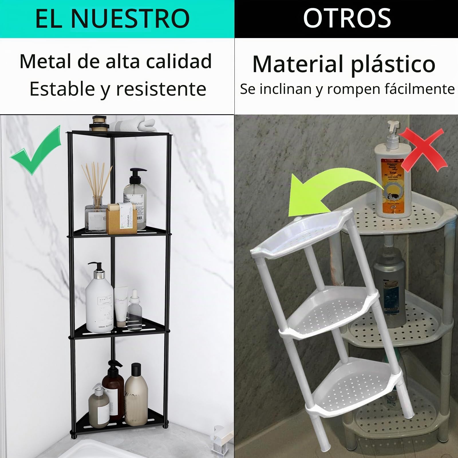 Estante de esquina de ducha de 4 niveles en acero inoxidable, estantes antióxido para ducha interior, negro
